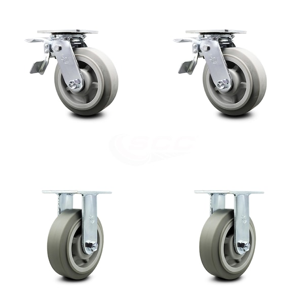 6 Inch Thermoplastic Rubber Caster Set with Roller Bearings 2 Brakes 2 Rigid SCC